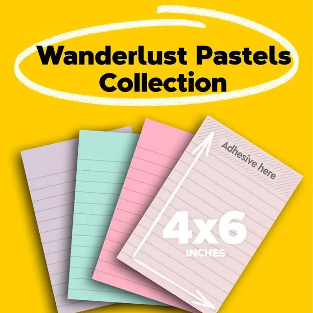 Alt view image 2 of 7 - 100% Recycled Paper Super Sticky Notes, Lined, 4 in. x 6 in., 4 Pads, 45 Sheets per Pad, Wanderlust Pastels, School Supplies and Office Products