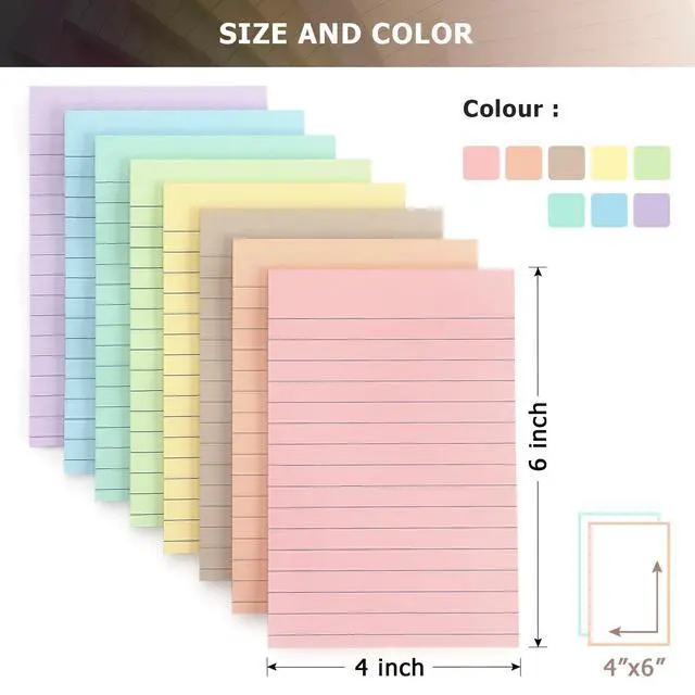 Alt view image 3 of 7 - Lined Sticky Notes, 4x6 in, 8 Pack, Light Colors, Self-Adhesive Notepads