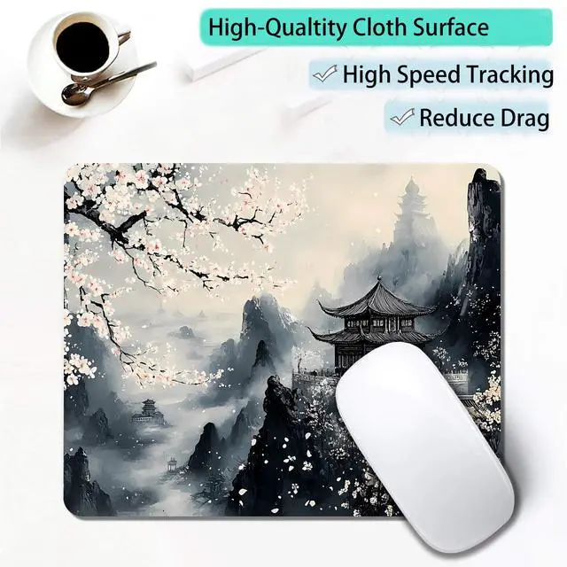 Alt view image 4 of 7 - Computer Mouse Pads for Desk, Aesthetic Landscape Painting Japanese Mouse Pad Small Square Computer Mousepad, 9.5" x 7.9" Portable Non-Slip Rubber Base Design for PC & Wireless Laptop Home Office