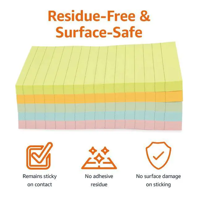 Alt view image 2 of 5 - Lined Sticky Notes, 4x6" Self-Stick Pads with Clean Removal Adhesive for To Do List, Home, Office, Notebook, Assorted Colors, 100 Sheets/Pad, Pack of 5