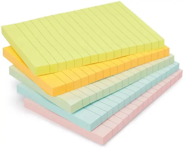 Main image of Lined Sticky Notes, 4x6" Self-Stick Pads with Clean Removal Adhesive for To Do List, Home, Office, Notebook, Assorted Colors, 100 Sheets/Pad, Pack of 5