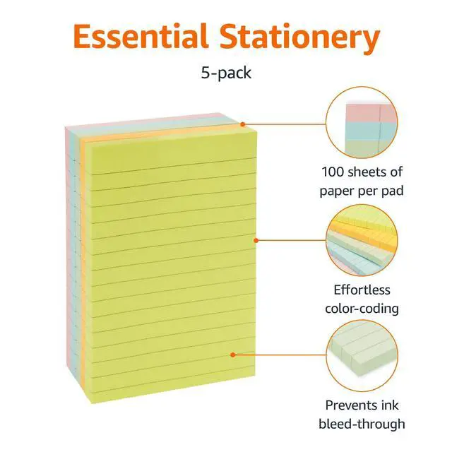 Alt view image 3 of 5 - Lined Sticky Notes, 4x6" Self-Stick Pads with Clean Removal Adhesive for To Do List, Home, Office, Notebook, Assorted Colors, 100 Sheets/Pad, Pack of 5