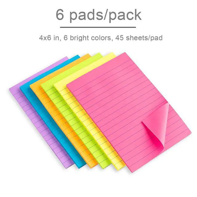 Alt view image 4 of 6 - Lined Sticky Notes 4X6 in Bright Ruled Stickies Colorful Super Sticking Power Memo Pads, 45 Sheets/pad, 6 Pads/Pack