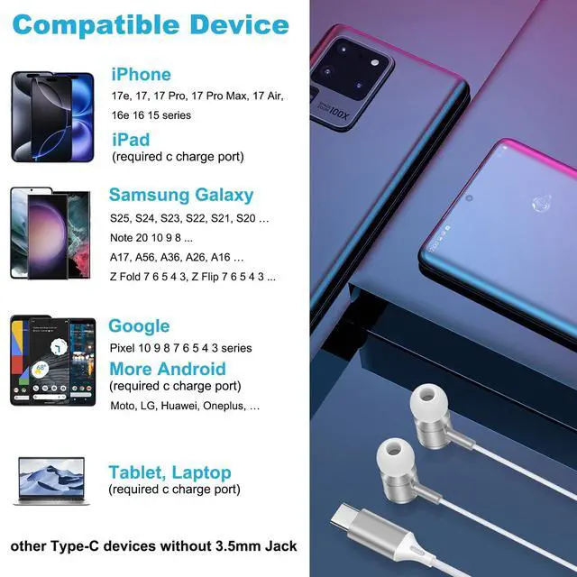 Alt view image 6 of 7 - for iPhone 17e 17 16 15 Pro Max, Headphones Wired Ear Buds Head Phones Pods Earphones Earbuds Earpods USB C Headset for iPhone 17, 17 Pro max, 17 Pro, 17 Air, 16e, 16, 16 Plus, 15, 15 Plus, Samsung