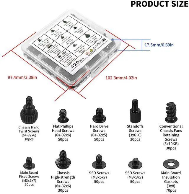 Alt view image 2 of 7 - 420pcs Computer Screws, Motherboard Standoffs Kit for Motherboard Laptop Computer Case PC Fan HDD SSD Hard Drive Computer Fan Replacement Screws