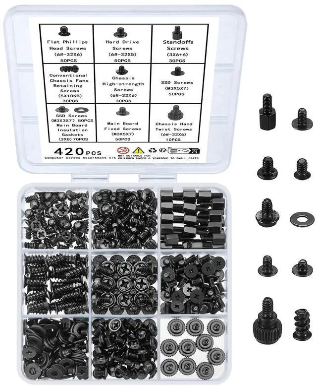 Main image of 420pcs Computer Screws, Motherboard Standoffs Kit for Motherboard Laptop Computer Case PC Fan HDD SSD Hard Drive Computer Fan Replacement Screws