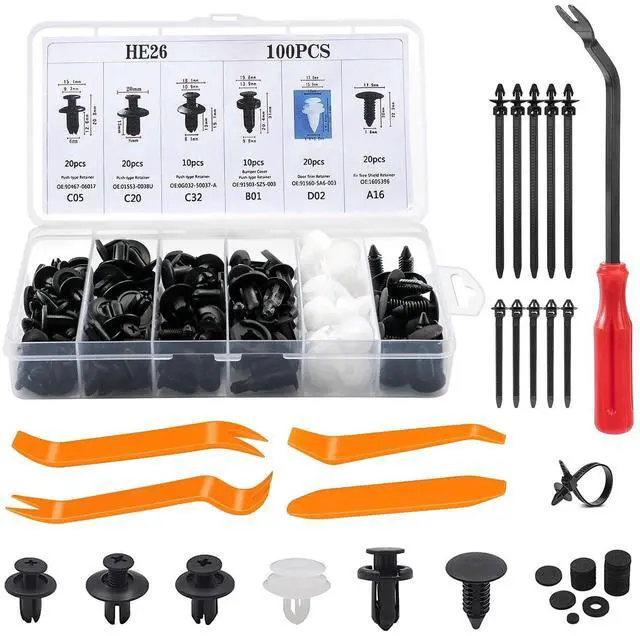 Main image of 135PCS Car Bumper Retainer Clips Kit, Car Body Trim Clips Set with 6 Sizes Car Fastener Rivet Clips, Auto Trim Removal Tools, Cable Ties & Sponge Cushions