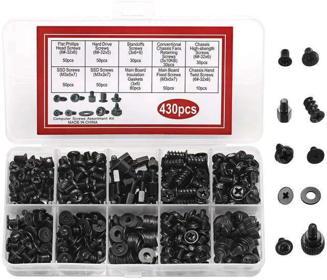 Main image of 430PCS Professional Computer Screws Assortment Kit, Includes Motherboard Standoffs, SSD, HDD, Fan, PC Case, Power Supply Screws Durable & Versatile for DIY PC Builds and Repairs