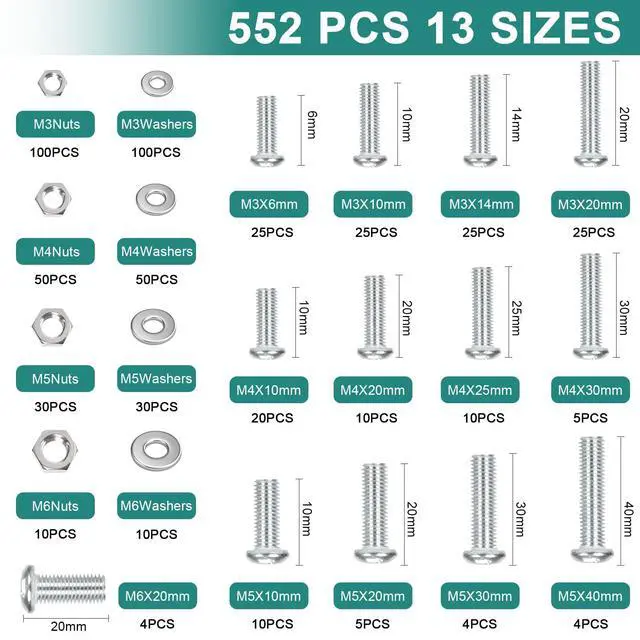 Alt view image 2 of 6 - 552 Pcs Metric Screws Nuts and Bolts Assortment Kit, M3 M4 M5 M6 Set Screws