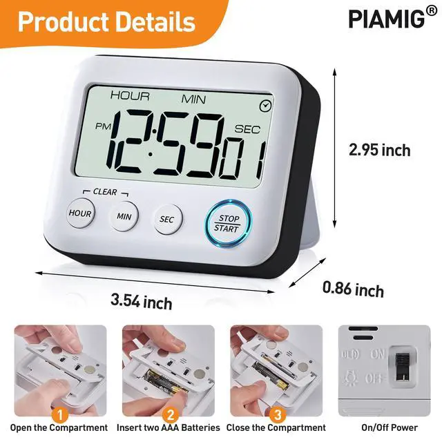 Alt view image 2 of 6 - Digital Kitchen Timer Alarm Clock for Cooking, Large LCD Display Multi-Function, Strong Magnetic with Loud Alarm, Digital Timer for Kids,Teachers,Classroom, Exercise or Work (Black)