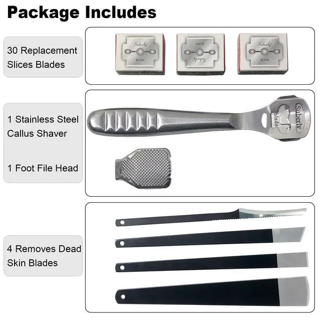 Alt view image 2 of 6 - 36 Pcs Callus Shaver for Feet Set, (1Stainless Foot File &1 Foot File Heads & 30 Replacement Slices Blades & 4 Pedicure Knife), Professional Callus Remover for Feet Tools for Wet and Dry Feet