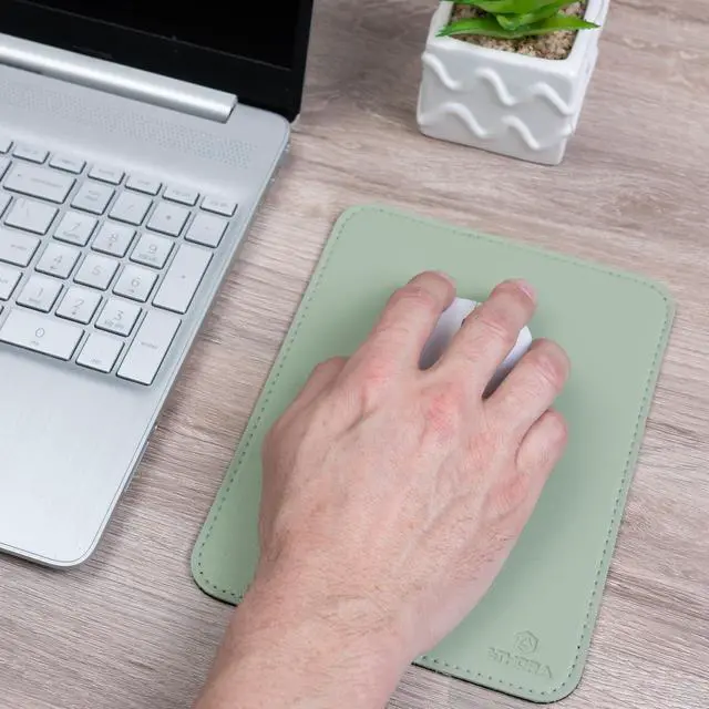 Alt view image 4 of 7 - Faux Leather Mouse Pad 6 x 8 INCH Elegant & Waterproof | Synthetic Leather, Non-Slip Rubber Base, Stitched Edges | Ideal for Laptop, Office, Travel (Light Green)