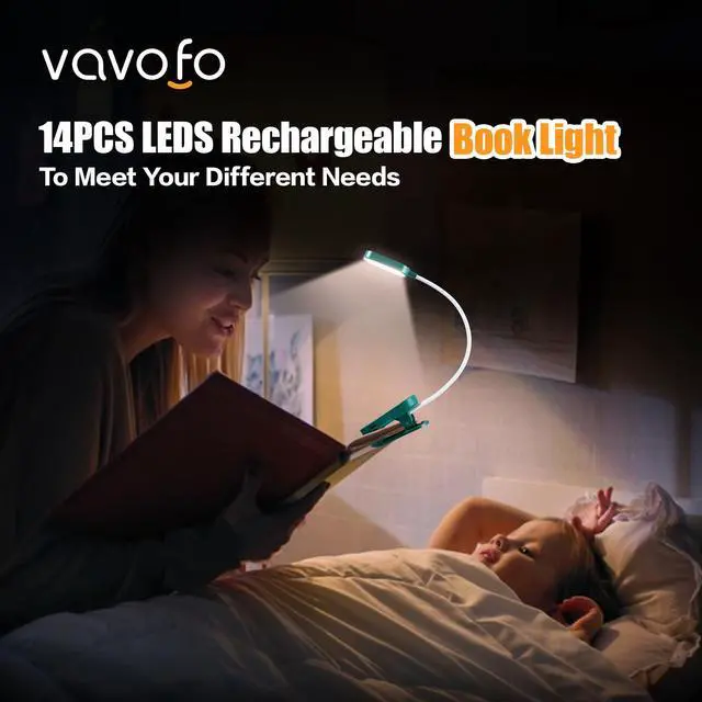 Alt view image 2 of 6 - Rechargeable Book Light, 14 LEDs Eye Care Clip On Amber Reading Light for Bookworms Reading in Bed with 9 Colors 9 Brightness (Dark Green)