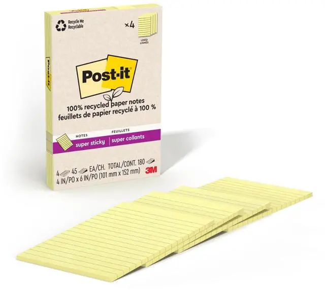 Main image of 100% Lined Recycled Super Sticky Notes, 4 x 6 in, Yellow, 4 Pads