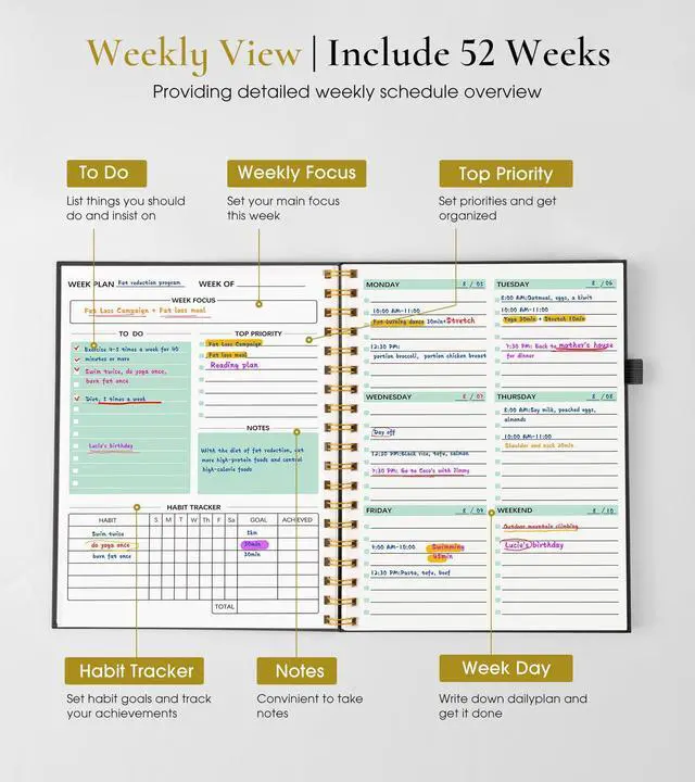 Alt view image 3 of 7 - Undated Weekly and Monthly Planner, B5 Large Weekly To Do List Notebook with Goal & Habit Tracker Organizer, Hardcover Spiral Bound Blank Monthly Planner for Work School Home 7.4" x 9.64" Black