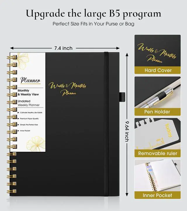 Alt view image 4 of 7 - Undated Weekly and Monthly Planner, B5 Large Weekly To Do List Notebook with Goal & Habit Tracker Organizer, Hardcover Spiral Bound Blank Monthly Planner for Work School Home 7.4" x 9.64" Black
