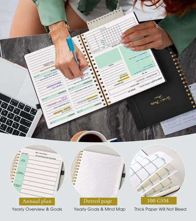 Alt view image 5 of 7 - Undated Weekly and Monthly Planner, B5 Large Weekly To Do List Notebook with Goal & Habit Tracker Organizer, Hardcover Spiral Bound Blank Monthly Planner for Work School Home 7.4" x 9.64" Black