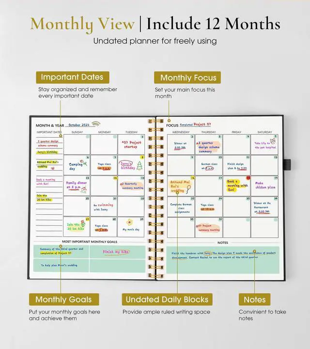 Alt view image 2 of 7 - Undated Weekly and Monthly Planner, B5 Large Weekly To Do List Notebook with Goal & Habit Tracker Organizer, Hardcover Spiral Bound Blank Monthly Planner for Work School Home 7.4" x 9.64" Black