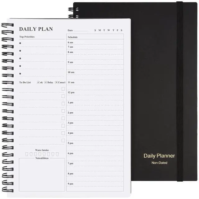 Main image of Daily Planner Undated, Asten To Do List Notebook Hourly Schedules Spiral Appointment Planner for Men and Women,PVC Hardcover,Elastic Closure, Inner Pocket 8.3" x 5.8" (Black)