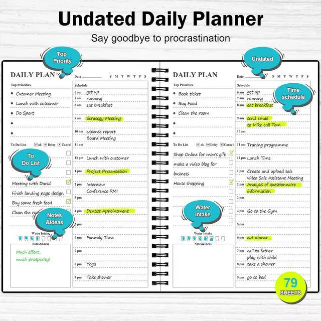 Alt view image 2 of 7 - Daily Planner Undated, Asten To Do List Notebook Hourly Schedules Spiral Appointment Planner for Men and Women,PVC Hardcover,Elastic Closure, Inner Pocket 8.3" x 5.8" (Black)