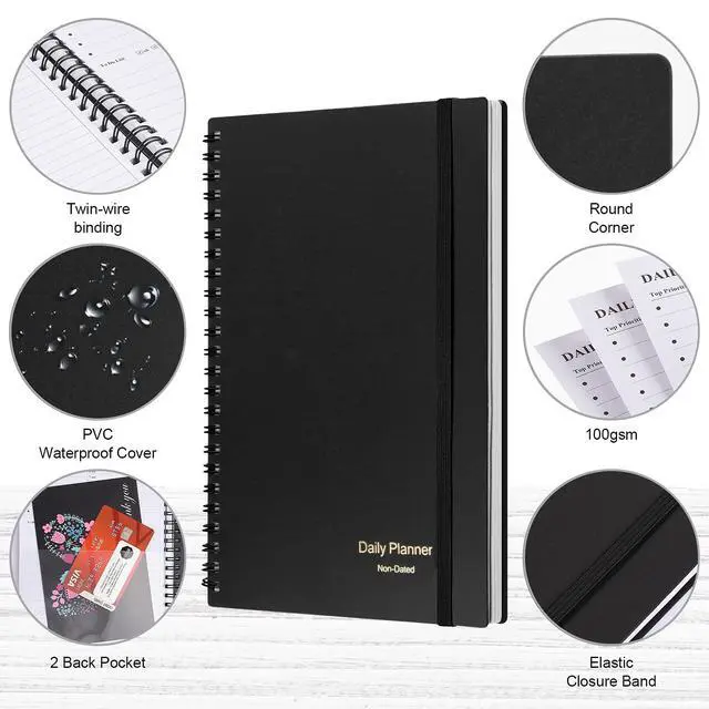 Alt view image 4 of 7 - Daily Planner Undated, Asten To Do List Notebook Hourly Schedules Spiral Appointment Planner for Men and Women,PVC Hardcover,Elastic Closure, Inner Pocket 8.3" x 5.8" (Black)