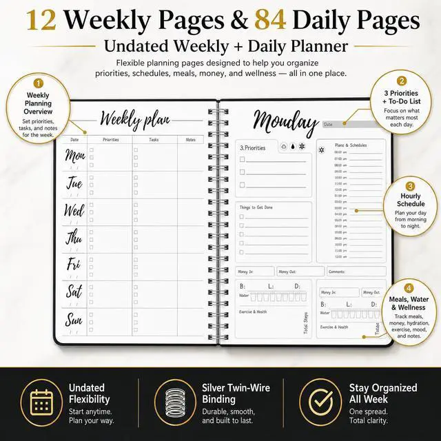 Alt view image 3 of 7 - Work Planner with Hourly Schedules, To Do List, Tasks, Expense Tracker 7 Days Daily Planner Self-Care for Organizing Meals, Water Take-in, Mood, Exercise & Health, 10 x 7.3 inches