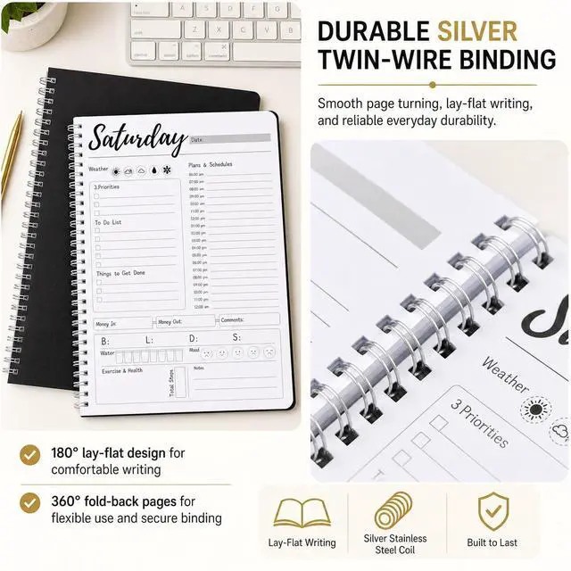 Alt view image 4 of 7 - Work Planner with Hourly Schedules, To Do List, Tasks, Expense Tracker 7 Days Daily Planner Self-Care for Organizing Meals, Water Take-in, Mood, Exercise & Health, 10 x 7.3 inches