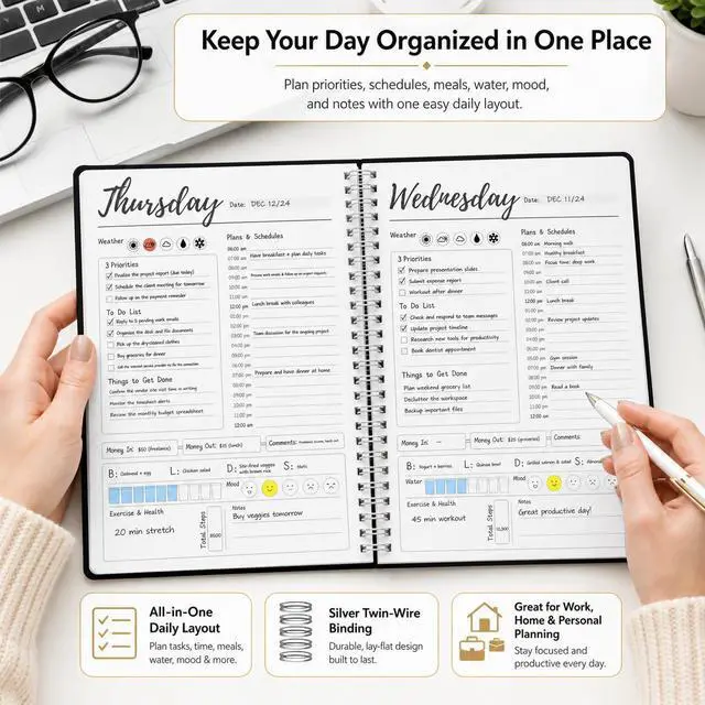Alt view image 5 of 7 - Work Planner with Hourly Schedules, To Do List, Tasks, Expense Tracker 7 Days Daily Planner Self-Care for Organizing Meals, Water Take-in, Mood, Exercise & Health, 10 x 7.3 inches