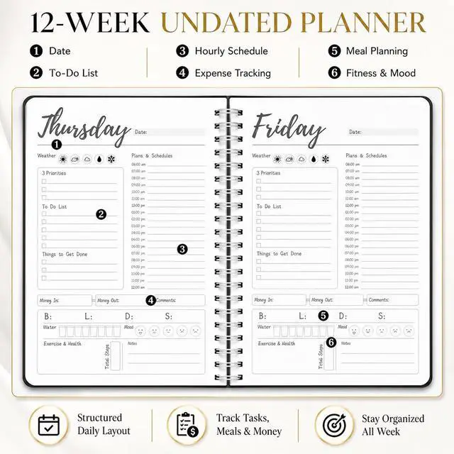Alt view image 2 of 7 - Work Planner with Hourly Schedules, To Do List, Tasks, Expense Tracker 7 Days Daily Planner Self-Care for Organizing Meals, Water Take-in, Mood, Exercise & Health, 10 x 7.3 inches