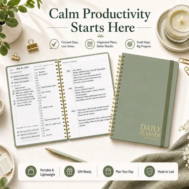Alt view image 2 of 7 - Daily Planner Undated - Simplified To Do List Notebook with Hourly Schedules, Spiral Appointment Organizer, 5.5" x 8.5", Easily Manage Your Tasks and Productivity - Green
