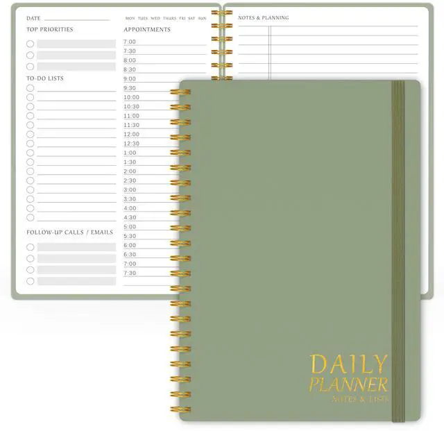 Main image of Daily Planner Undated - Simplified To Do List Notebook with Hourly Schedules, Spiral Appointment Organizer, 5.5" x 8.5", Easily Manage Your Tasks and Productivity - Green