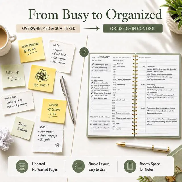 Alt view image 4 of 7 - Daily Planner Undated - Simplified To Do List Notebook with Hourly Schedules, Spiral Appointment Organizer, 5.5" x 8.5", Easily Manage Your Tasks and Productivity - Green