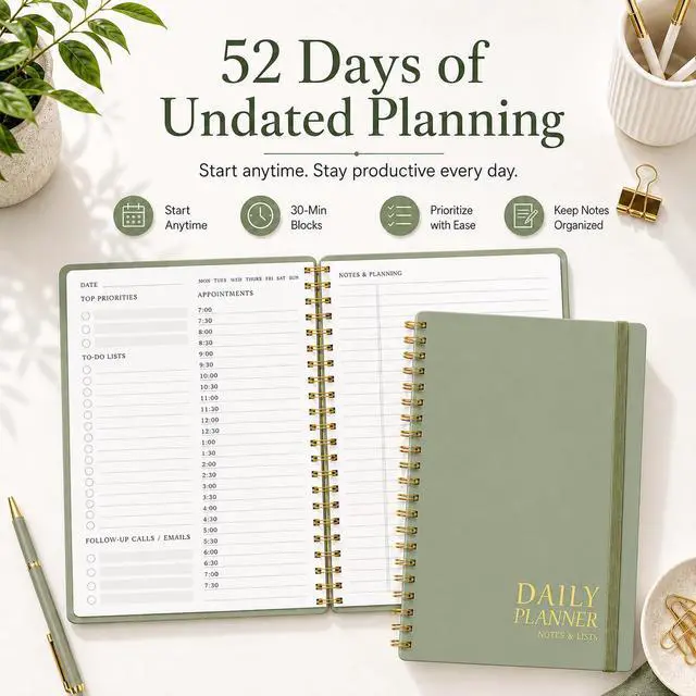 Alt view image 5 of 7 - Daily Planner Undated - Simplified To Do List Notebook with Hourly Schedules, Spiral Appointment Organizer, 5.5" x 8.5", Easily Manage Your Tasks and Productivity - Green
