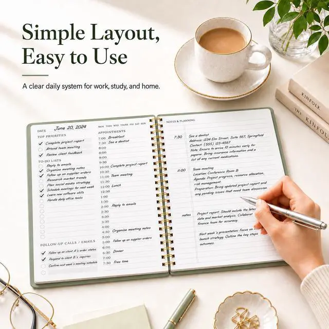 Alt view image 7 of 7 - Daily Planner Undated - Simplified To Do List Notebook with Hourly Schedules, Spiral Appointment Organizer, 5.5" x 8.5", Easily Manage Your Tasks and Productivity - Green