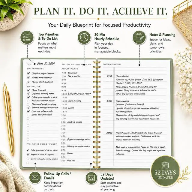 Alt view image 6 of 7 - Daily Planner Undated - Simplified To Do List Notebook with Hourly Schedules, Spiral Appointment Organizer, 5.5" x 8.5", Easily Manage Your Tasks and Productivity - Green