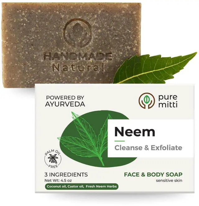 Main image of Neem Face, Body Bar Soap 4.5 oz | Ayurvedic Exfoliating, Cleansing Bar with Coconut Oil, Castor Oil | Gentle Bath Soaps for Face Wash, Body Wash | Soft Soap for Daily Use, All Skin Types