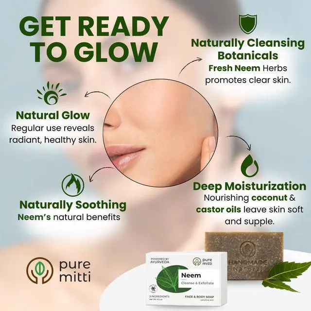 Alt view image 3 of 7 - Neem Face, Body Bar Soap 4.5 oz | Ayurvedic Exfoliating, Cleansing Bar with Coconut Oil, Castor Oil | Gentle Bath Soaps for Face Wash, Body Wash | Soft Soap for Daily Use, All Skin Types