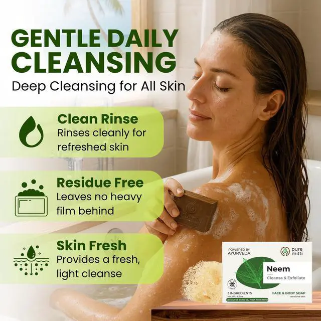 Alt view image 2 of 7 - Neem Face, Body Bar Soap 4.5 oz | Ayurvedic Exfoliating, Cleansing Bar with Coconut Oil, Castor Oil | Gentle Bath Soaps for Face Wash, Body Wash | Soft Soap for Daily Use, All Skin Types