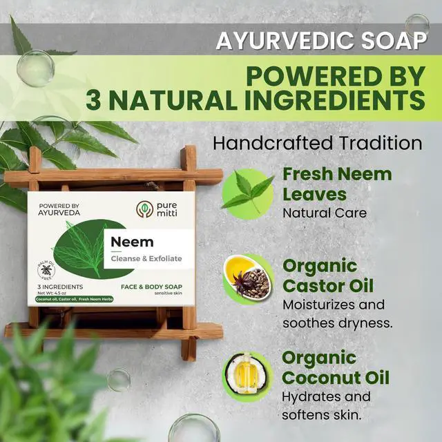 Alt view image 4 of 7 - Neem Face, Body Bar Soap 4.5 oz | Ayurvedic Exfoliating, Cleansing Bar with Coconut Oil, Castor Oil | Gentle Bath Soaps for Face Wash, Body Wash | Soft Soap for Daily Use, All Skin Types