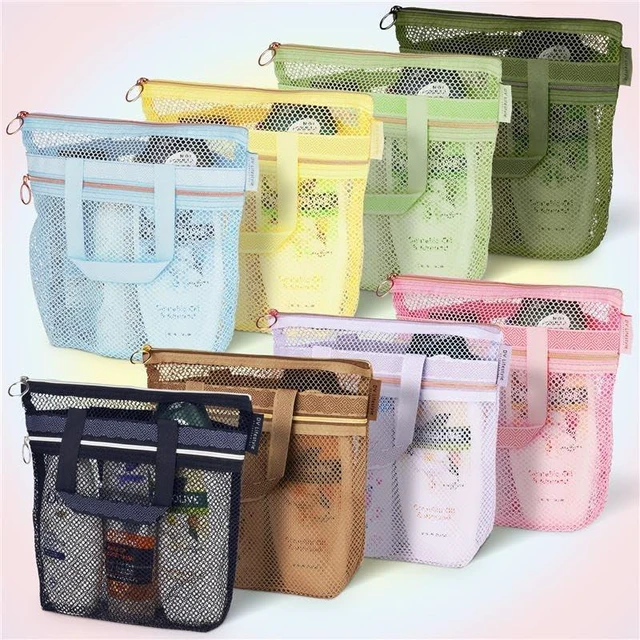 Alt view image 3 of 6 - Lifestyle Mesh Shower Bag 10.2x9.9'' Quick-Dry Caddy with Zipper & 2 Pockets. Portable Toiletry Tote for Bathroom, Gym, Travel, Camp, Beach, for Sunscreen, Dorm & College Essentials (Light Green)