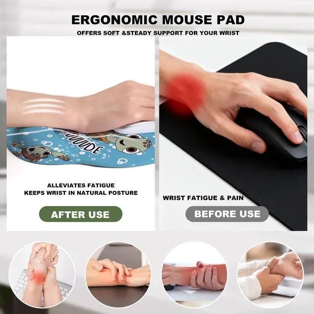 Alt view image 7 of 7 - Mouse Pad with Gel Wrist Support, Smooth Surface Ergonomic Mouse pad, Non-Slip Pain Relief Desk Mat for Gaming, Work & Office Desktop Sea Turtle 2