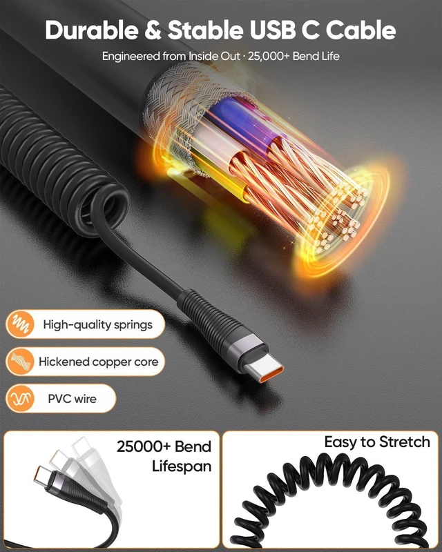 Alt view image 6 of 7 - Coiled USB C to USB C Cable 2 Pack, 60W Fast Charging Cable for Car, 3.3FT | Support CarPlay & Android Auto, 480Mbps Data Transfer, USB C Coiled Cable for iPhone 17/16/15 Pro Max, Galaxy S25 S24 S23