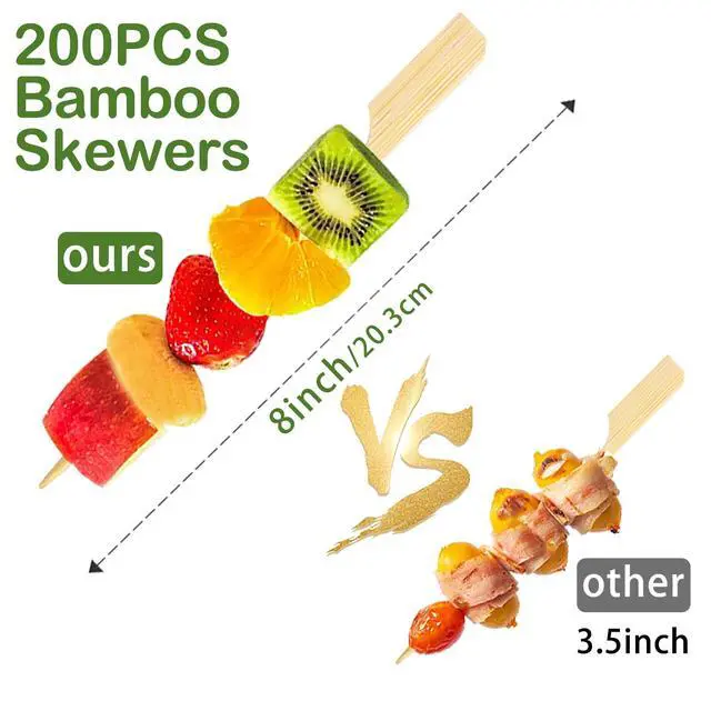 Alt view image 3 of 7 - 200 PCS 8 Inch Bamboo Skewers for Appetizers, Toothpicks, Cocktail Picks for Christmas Party, Fruit Kababs, Sausage, Barbecue Snacks, Natural Wooden Paddle Skewer Food Sticks, Charcuterie Accessories