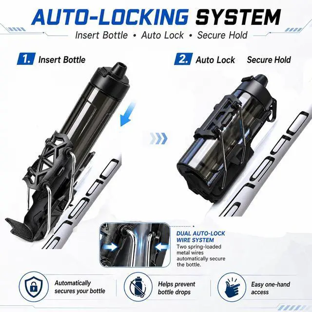 Alt view image 3 of 7 - Bike Bottle Cage, Bike Water Bottle Holder with Auto Locking Adjustable Clamp for Road Bike, MTB, E-Bike (Black)