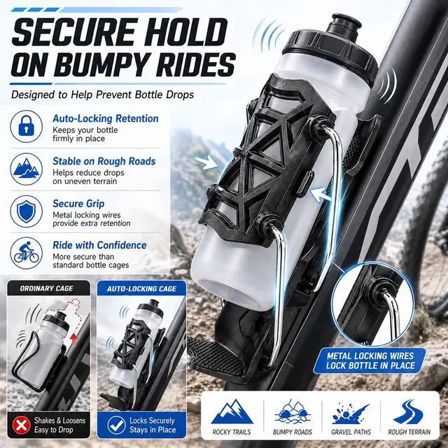 Alt view image 2 of 7 - Bike Bottle Cage, Bike Water Bottle Holder with Auto Locking Adjustable Clamp for Road Bike, MTB, E-Bike (Black)