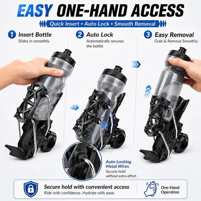 Alt view image 4 of 7 - Bike Bottle Cage, Bike Water Bottle Holder with Auto Locking Adjustable Clamp for Road Bike, MTB, E-Bike (Black)