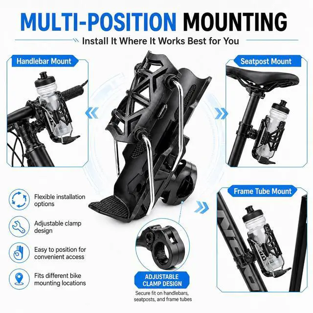 Alt view image 5 of 7 - Bike Bottle Cage, Bike Water Bottle Holder with Auto Locking Adjustable Clamp for Road Bike, MTB, E-Bike (Black)