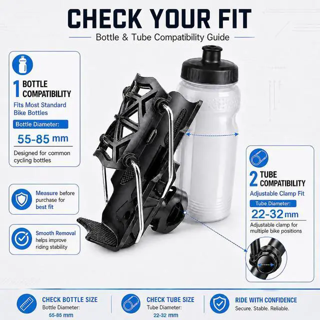 Alt view image 6 of 7 - Bike Bottle Cage, Bike Water Bottle Holder with Auto Locking Adjustable Clamp for Road Bike, MTB, E-Bike (Black)