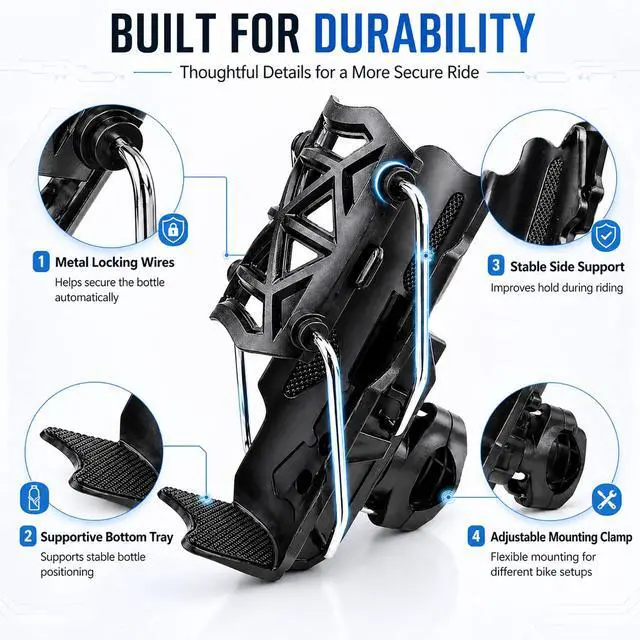 Alt view image 7 of 7 - Bike Bottle Cage, Bike Water Bottle Holder with Auto Locking Adjustable Clamp for Road Bike, MTB, E-Bike (Black)