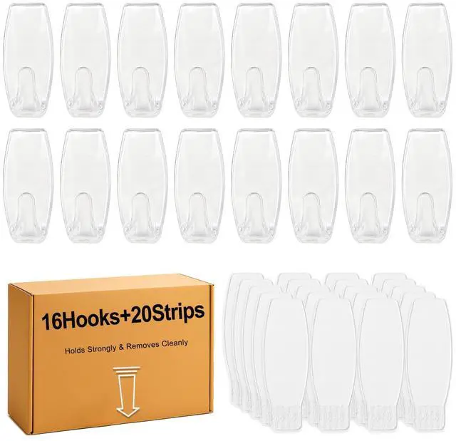 Main image of 16 Large Hooks+20 Strips, Clear Utility Hooks with Removable Strips Damage-Free, Wall Hooks Heavy Duty for Hanging Home Decor, Value Pack